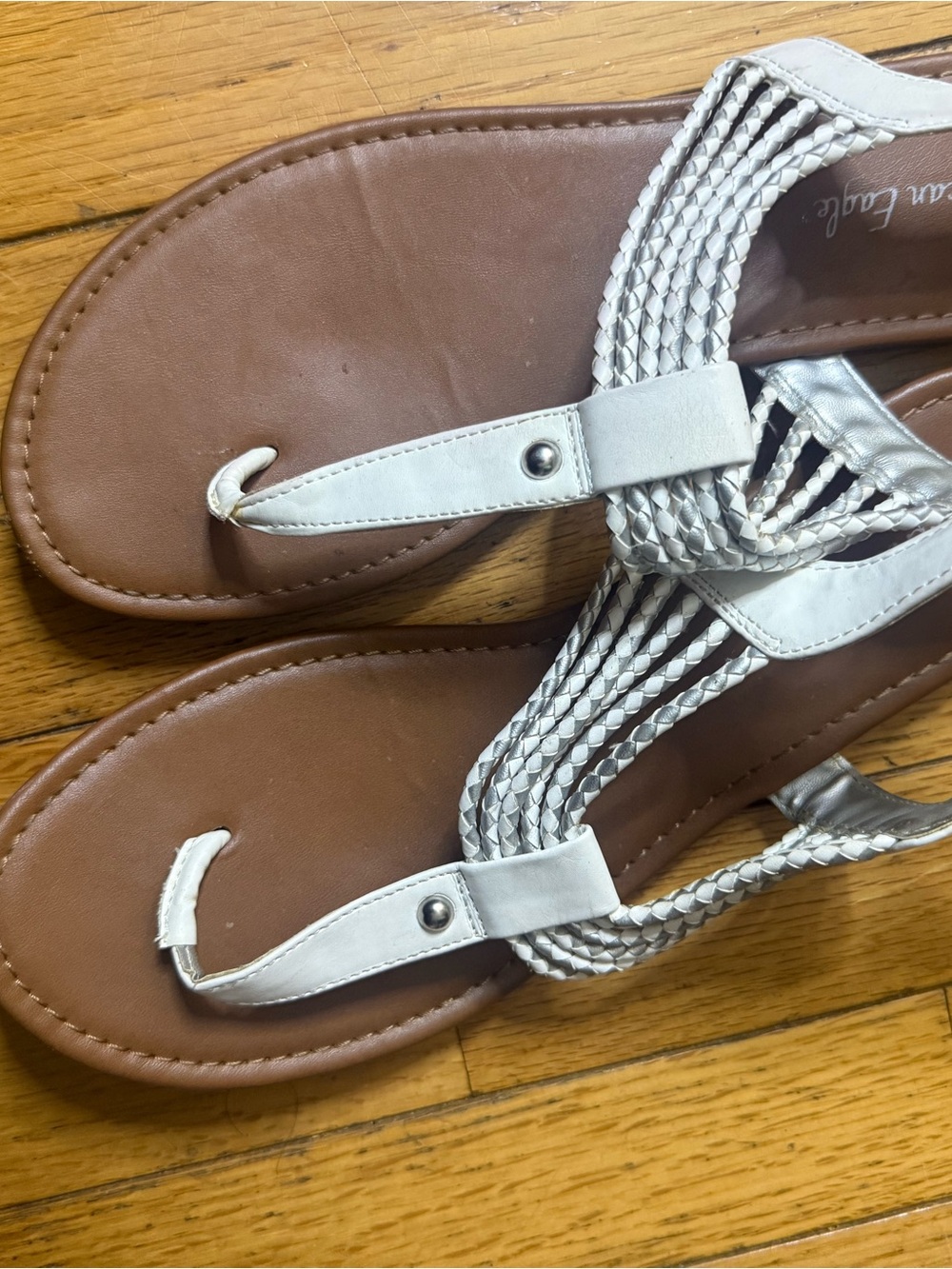 American Eagle by Payless Silver Braided Thong Sandals with Brown Footbed